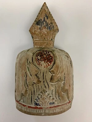 Antigua campana de mano de madera asiática de 5" tallada a mano de madera de la India Foto 1 de 3