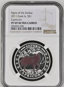 1 DOLLAR 2011 COOK ISLANDS ZODIAC SIGNS CAPRICORN SILVER PROOF RARE NGC PF69 - Picture 1 of 4
