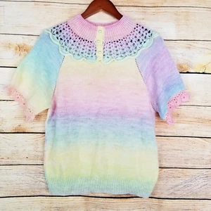 Cardigan maglione vintage fatto a mano maglia righe pastello aperto stile pizzo spalle - Foto 1 di 9