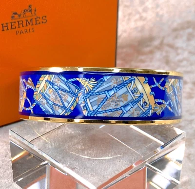 Brazalete Brazalete Vintage Hermes Paris Esmalte Azul Tambores Borde Dorado 70 con Caja Foto 1 de 4