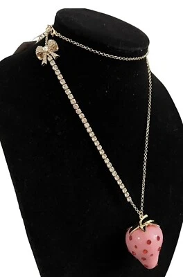 Betsey Johnson Pink Strawberry With Red Rhinestone Long Chain Necklace NWT - Image 1 of 4