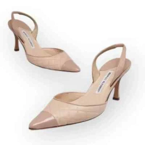 MANOLO BLAHNIK Nappa Patent Leather Slingback 38.5 Nude Pink 8.5 Pumps Heels - Picture 1 of 12