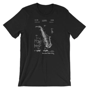 Saxophone Patent T-Shirt. Saxophone Shirt 100% Soft Cotton Tee on Black, White - Picture 1 of 9