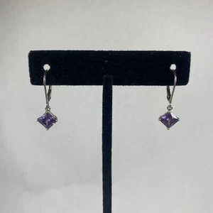 VTG Amethyst Earrings Stamped 925 NV Sterling Silver Leverback Square Shaped - Picture 1 of 14