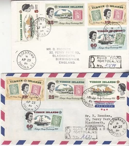 British Virgin Islands: 2 Registered FDCs, Postage Stamp Centenary, 25 Apr 1966 - Picture 1 of 2