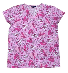 Womens Fashion Medical Nursing Scrub Tops Pink Heart Bows Hot Pink Bungee XL - Picture 1 of 2