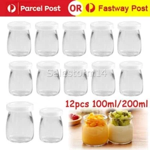 100/200ML 12*Glass Pudding Jars Glass Jars for Yogurt Milk Parfait with Lid Caps - Picture 1 of 14