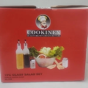 COOKINEX 7-teiliges Milchglas Salat Set Schüssel Öl Essig Kruzifix 2 Gewürzflaschen - Bild 1 von 4