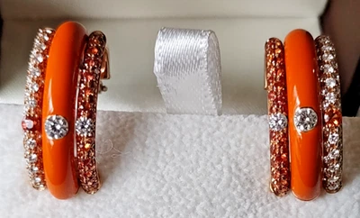 Brincos de diamante e safira ADOLFO COURRIER OURO ROSA 18K ESMALTE LARANJA MSRP $9K - Imagem 1 de 4