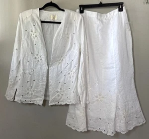 Vintage Elizeh Premium Linen Skirt Suit Set Size 8 White Eyelet Quiet Luxury - Picture 1 of 24