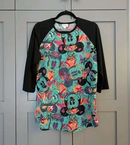 Disney Womens Size Large Minnie Mouse Raglan Randy T-Shirt Black Teal Artsy - Picture 1 of 9