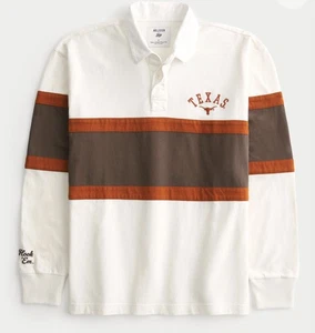HOLLISTER XXL BOXY HEAVYWEIGHT UNIVERSITY OF TEXAS RUGBY POLO SHIRT CREAM NWT - Picture 1 of 4