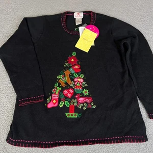 Quacker Factory Light Up Christmas Tree Sweater  Womens XL Black Buttons Sequin - Picture 1 of 17