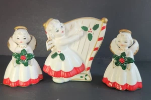 3 Pc. Girl Angel Planter & Candle Holders 1950s Vtg Christmas Candy Cane Japan - Picture 1 of 14