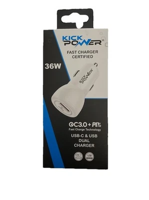 Cargador de doble puerto Kick Power con alimentación USB-C de 36 W y carga rápida USB. Blanco Nuevo Foto 1 de 2