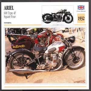 1932 Ariel 600cc Type 4F Square Four (597cc) Motorcycle Photo Spec Sheet Card - Picture 1 of 1
