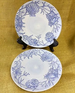 Set of 2 - POTTERY BARN SEASHELLS Blue Shells & Coral Embossed 8" SALAD PLATES - Picture 1 of 6