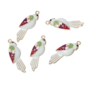 5 White Gold Plated Parrot Bird Charm Pendants with Enamel and Black Rhinestone - Picture 1 of 2