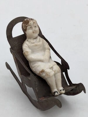 Antique Dollhouse Metal Tin Rocking Chair Rocker Girl Doll Bisque Porcelain Read - Image 1 of 4