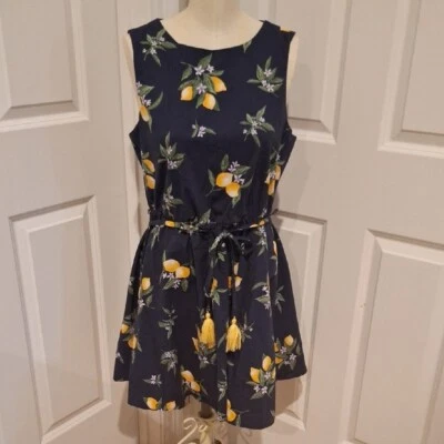 Navy Dress w Lemon Print A Line 50s Vibe Large Elastic Waist Bailey Blue Tassel - Image 1 of 4