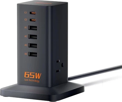 65W Fast Charger Tower USB Charging Station Type C Desktop Charger with 3 AC - Image 1 of 4