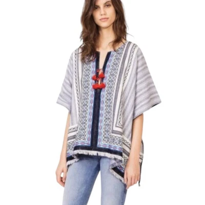 Poncho Blaire Tory Burch Boho De Gran Tamaño M/L - con Borlas, Nuevo Marfil/Mar Marino Foto 1 de 4