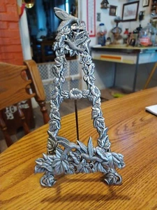 Ornate Pewter Tone Hummingbird Floral Easel Photo Stand Book Art Display 9" Tall - Picture 1 of 11
