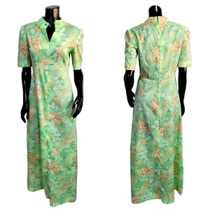 Vintage 70er grün Krepp Polyester Frühling Blumen Tiki Empire Taille Maxikleid - Bild 1 von 13