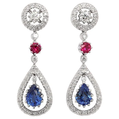 Blue Sapphires, Pink Ruby & Lab-Created Diamonds 3.61TCW Drop-Dangle Earrings - Image 1 of 4