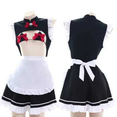 Sexy Womens Maid Dress Chest Cosplay Uniform Lolita Uniform Dress Apron Open  - Image 1 of 4