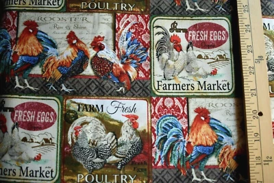 ROOSTER FARMERS MARKET PATCH 100% COTTON FABRIC   14X43 INCHES - Image 1 of 4