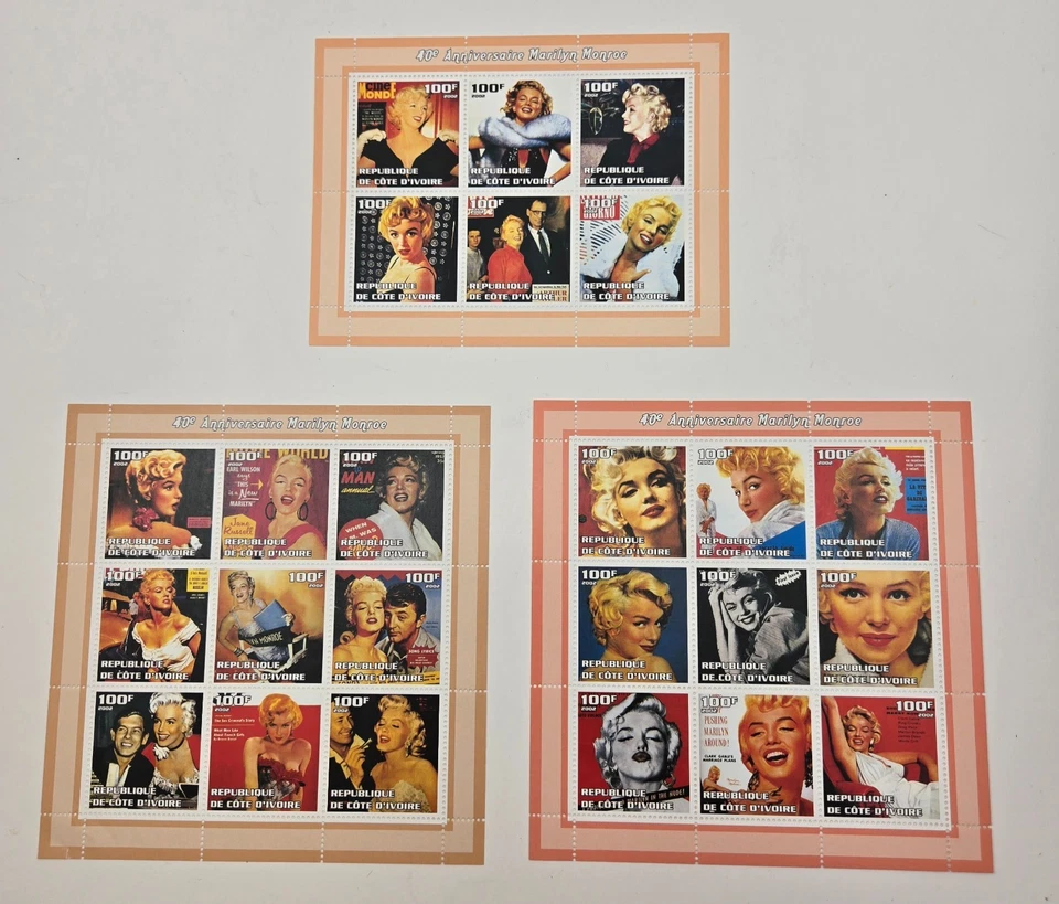 Marilyn Monroe Stamps Actress 2002 Ivory Coast 3 Stamp Sheets 24 Stamps Total - Image 1 of 4