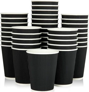 Black Disposable Coffee Cups Triple Wall Ripple Takeaway Drinks Paper Cups 12oz - Picture 1 of 40