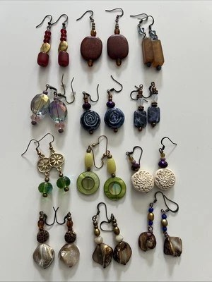 Lot 12 Handmade Beaded Festival Earrings Crystal Wood Ceramic Shell Stone Resin - Image 1 of 3