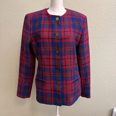 Blazer vintage para mujer Joan Leslie mezcla de lana talla 8 rosa/azul forrado a cuadros Foto 1 de 4