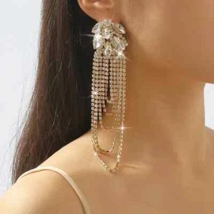 Long Drop Dangle Bling Diamante Earrings Crystal Rhinestone Wedding Prom Pageant - Picture 1 of 10