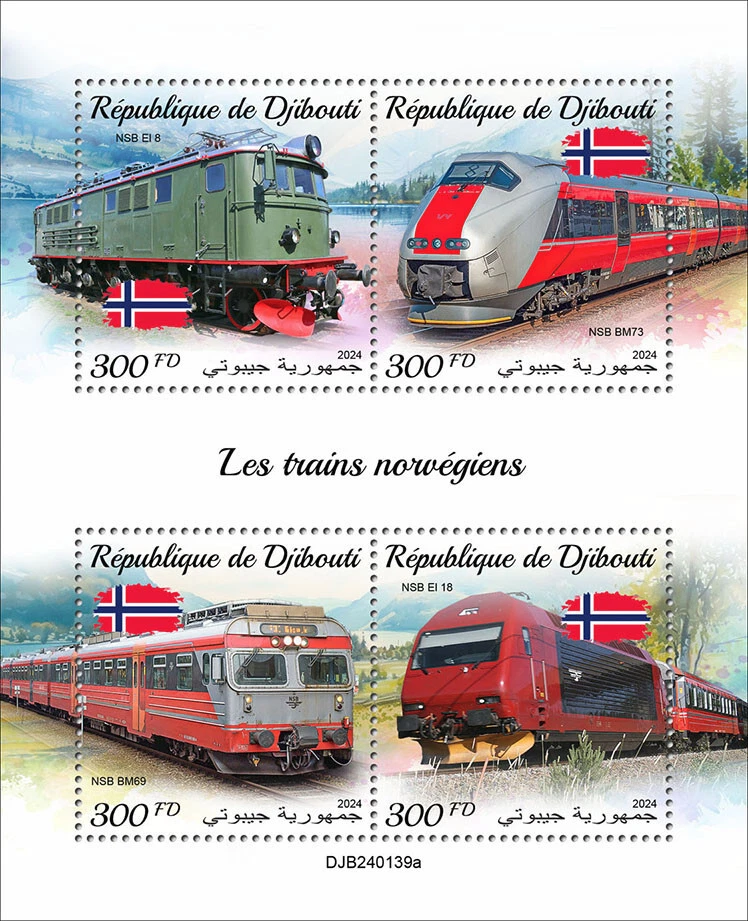 Estampillas de trenes noruegos MNH 2024 Djibouti M/S Foto 1 de 1