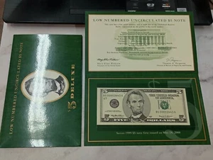 Low Numbered 1999 Uncirculated $5 Deluxe Note in BEP Folder BG 00003443 A - Picture 1 of 8