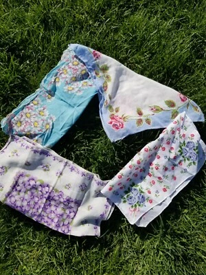 Vintage Handkercheif lot of four Hankees beautiful floral pink blue purple rose  - Image 1 of 4