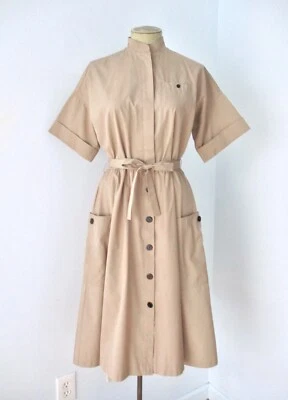 Vtg 70s 80s Khaki Safari Dress Button Front Pockets Banded Collar Tie Belt L/XL - Image 1 of 4