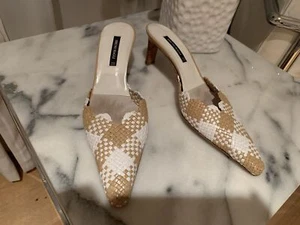 BRUNO MAGLI Leather Low Heel Mules Tan/White Stitch Point Toe Cutouts Sexy 7.5 - Picture 1 of 7