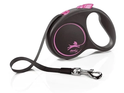 Flexi Black Design Tape Pink Retractable Dog Leash/Lead for dog up to 33lbs 16ft