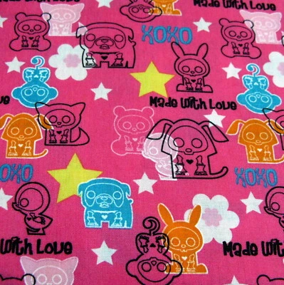 Skelanimals Cotton Fabric Made With Love XOXO Bright Pink David Textiles 2 Yds - Image 1 of 4