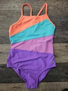 Speedo Girls Swimsuit, Sz 14, Coral/Aqua/ Purple - Picture 1 of 2
