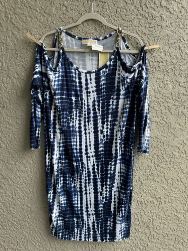 Abito donna Michael Kors blu bianco tie dye catena cinturino spalle fredde M nuovo con etichette