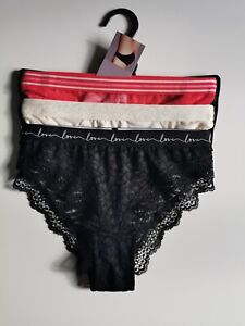 M&S 3pk Lace & Mesh Brazilian Knickers, Size 8, Black, Ivory, Red