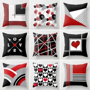 Red Geometric Cushion Cover Stripe Dot Grid Printed Polyester Throw Pillow Case - Picture 1 of 28