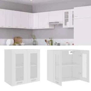 Kitchen Hanging Glass Cabinet Wall Mount Cupboard Storage With 2 Shelves White - Picture 1 of 9