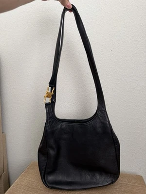 Etienne Aigner Black Leather Shoulder Hobo Bag Signature Horseshoe Gold Buckle - Image 1 of 4