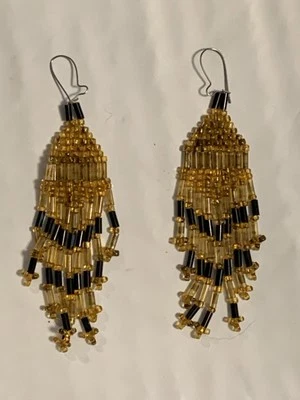 Vintage Bugle Beaded Earrings Gold and Black - Image 1 of 4